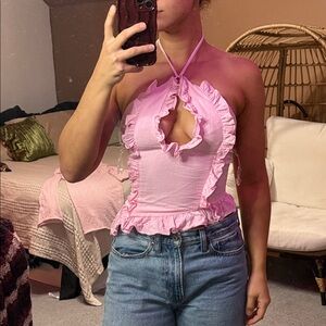 Pepper Mayo Pink Ruffled Halter Top
